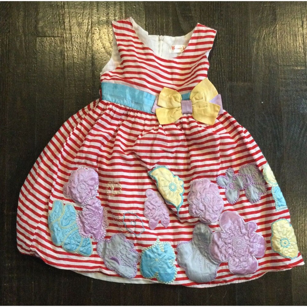 Bonny Billy Girls Sz. 5 Stripe Red White Floral Twirl Bow Dress Embroidery Lined